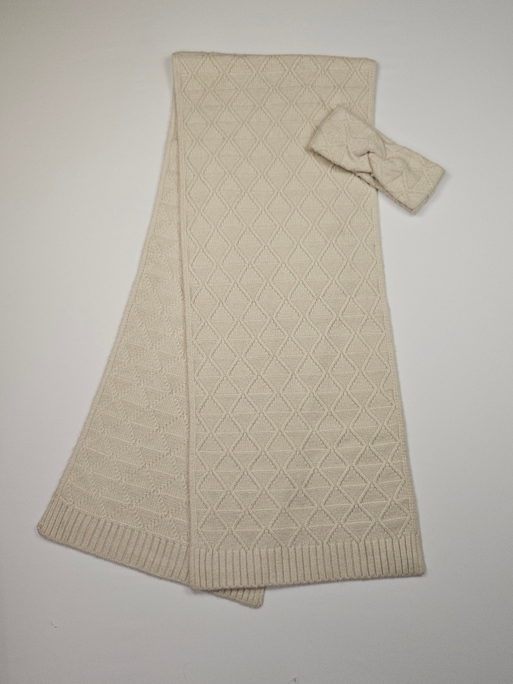 Love & Lore Ivory Knit Scarf Headband Set Wool Blend Diamond Pattern Cozy Winter